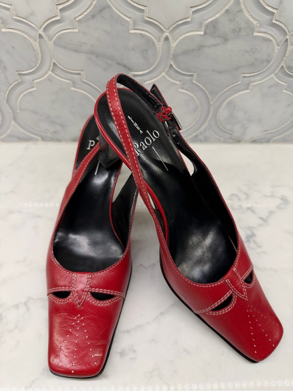Linea Paolo Red Leather Square-Toe Slingback Heels 👠